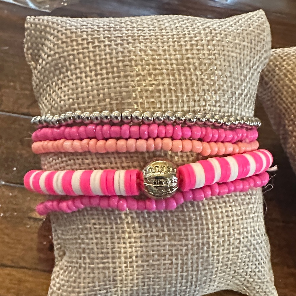 Vibrant Pink and Silver Beaded Bracelet Set